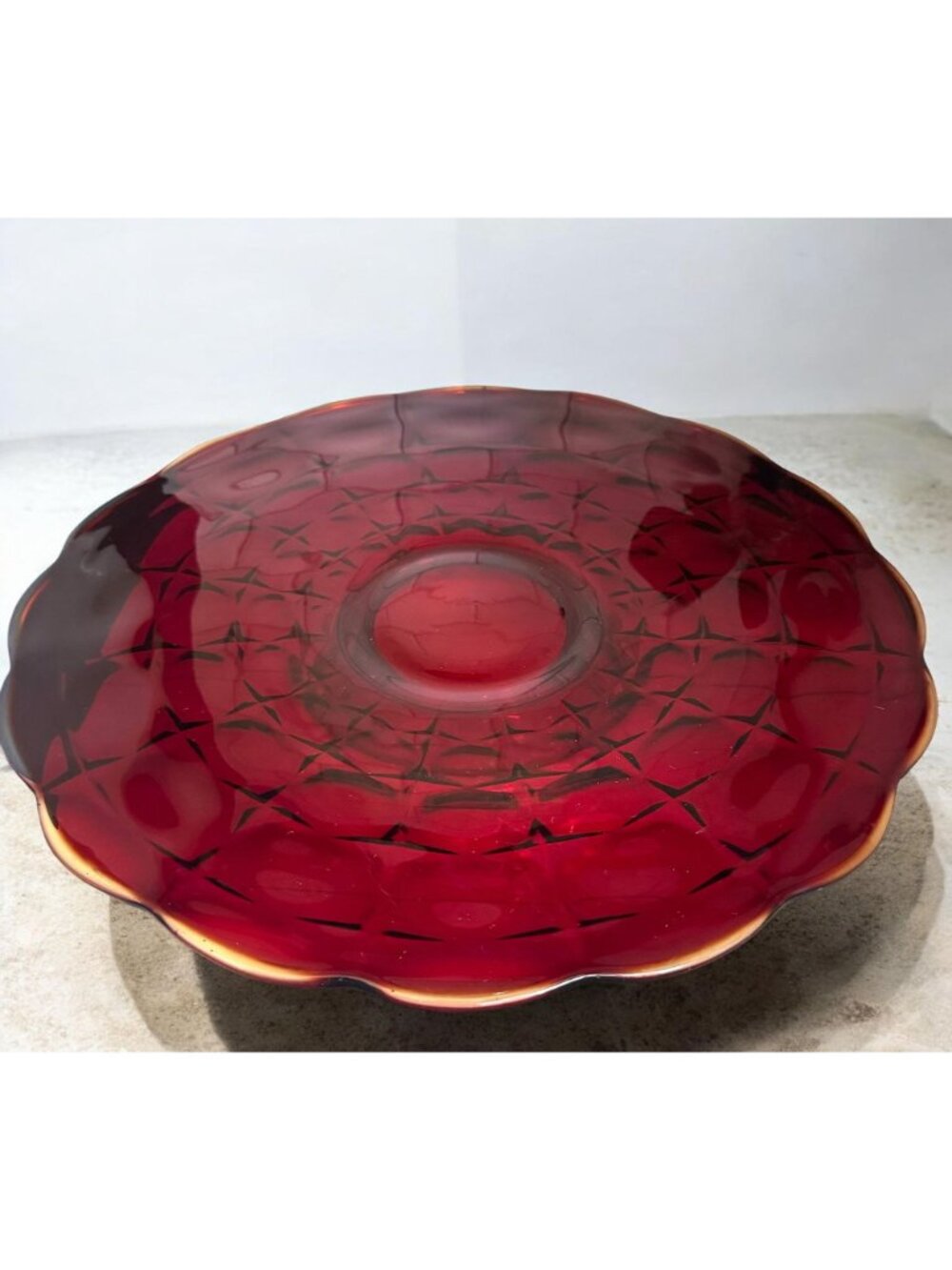Vintage Ruby Red Indiana Tiara Amberina Glass Footed Cake Plate